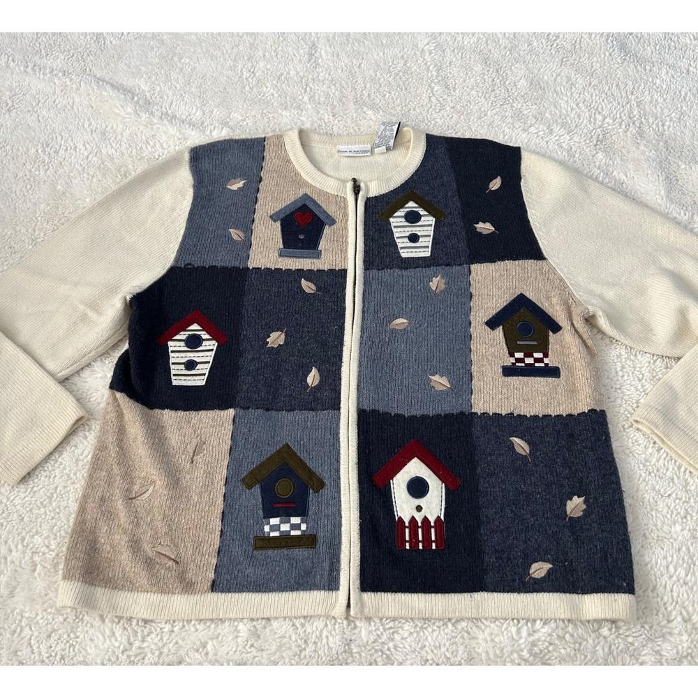 Croft & Barrow Womens Cream Knit Bird Embroidered Sweater Sz 1XL Cottage Costal